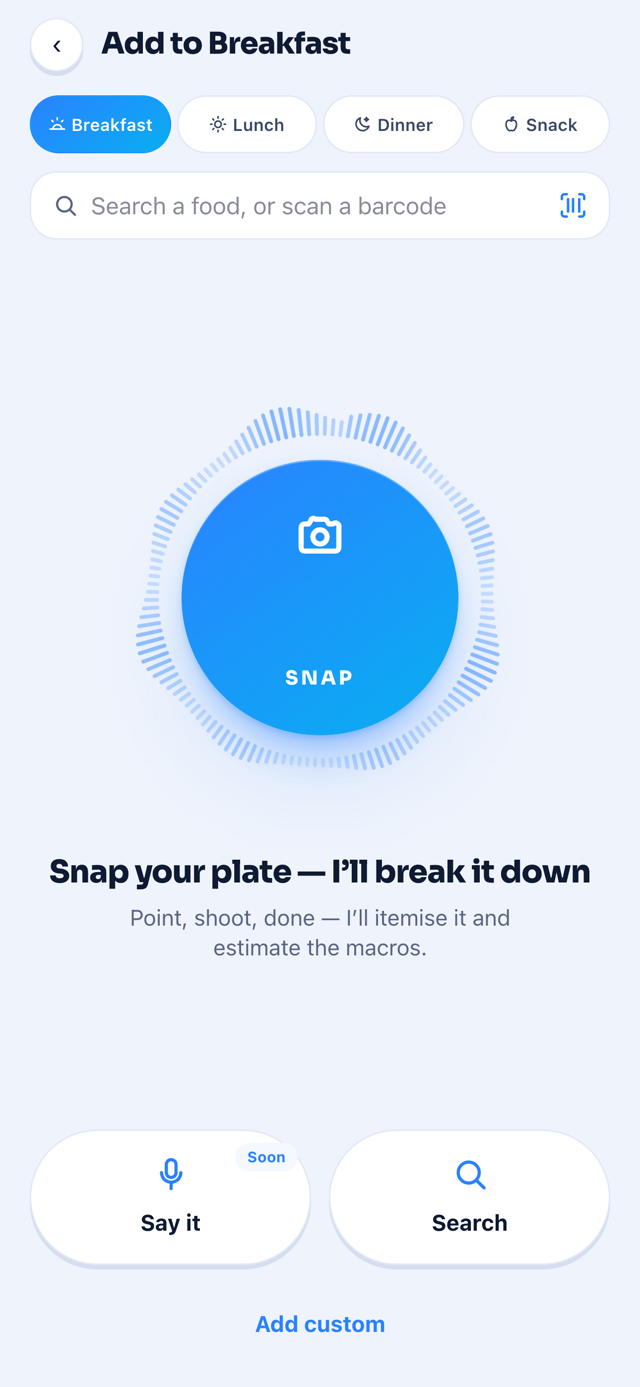 Food logging screen with a large SNAP camera button to photograph a meal