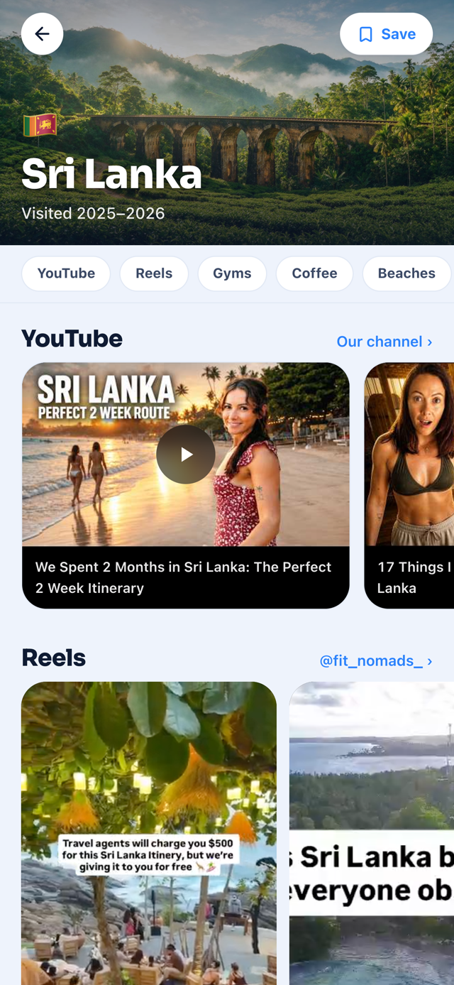 Sri Lanka travel guide in the app with videos, reels and category chips