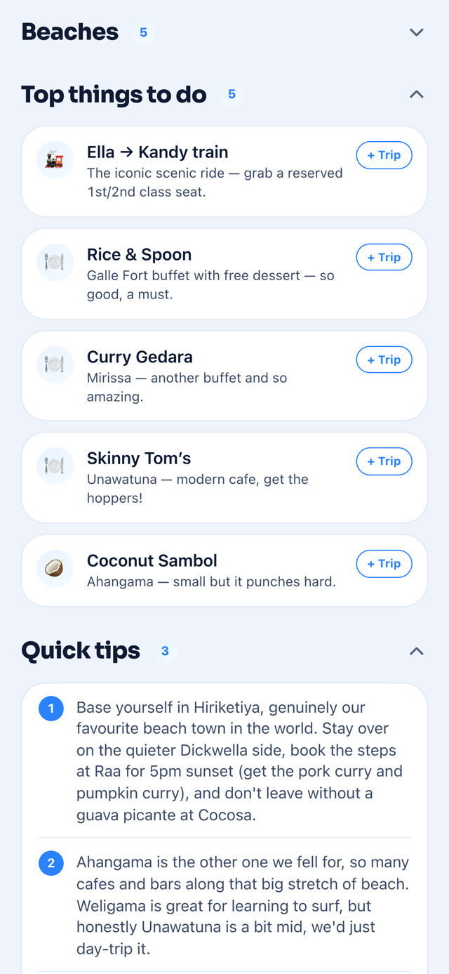 Guide list of things to do, each with a plus-Trip button to add it to your planner