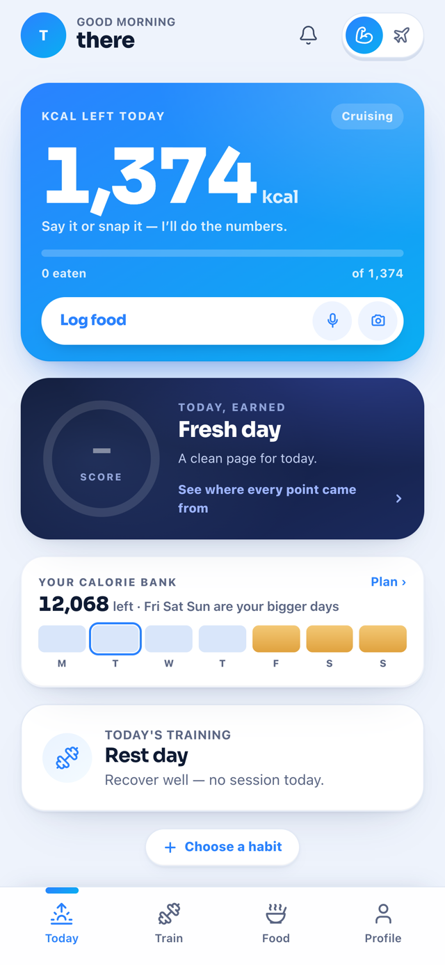 The Fit Nomads app home screen — calories left today and your weekly calorie bank