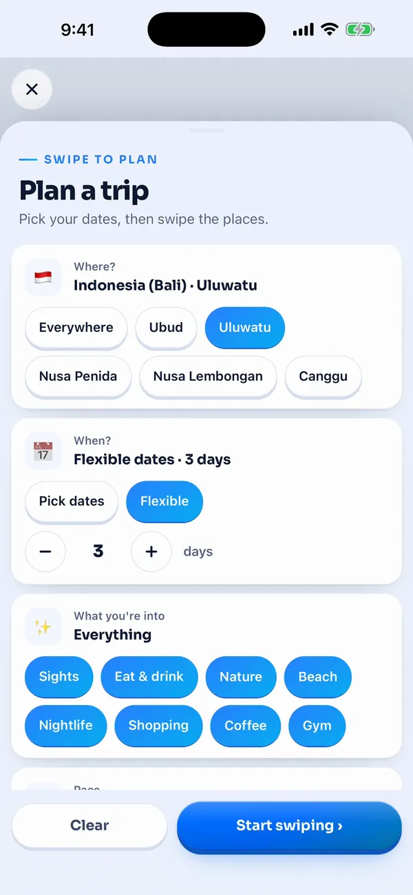 The Plan a trip sheet set to Indonesia (Bali), Uluwatu, flexible dates for 3 days, with chips for sights, eat and drink, nature, beach, nightlife, shopping, coffee and gym, and a Start swiping button.