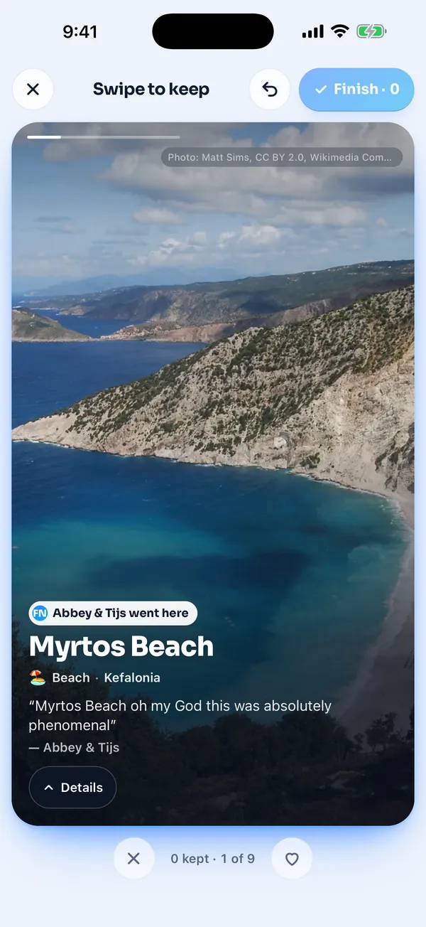 A swipe card for Myrtos Beach in Kefalonia with the badge Abbey and Tijs went here, our quote about the beach, a Details button, and skip and keep buttons under the card.