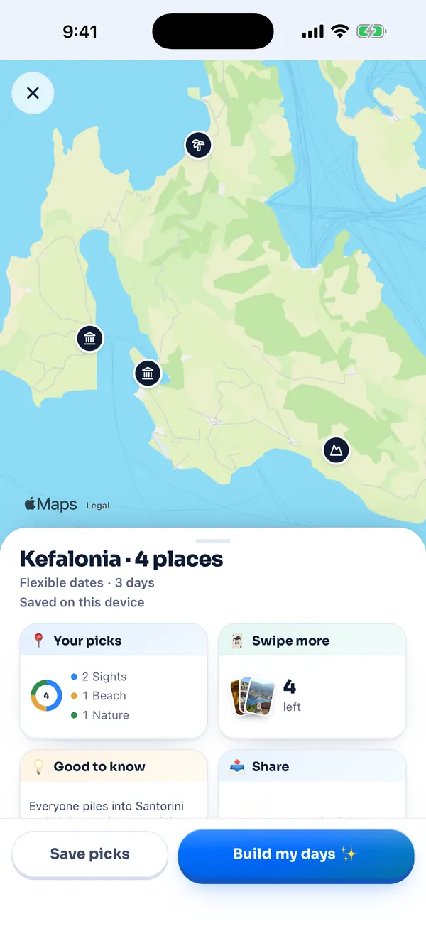 Kefalonia on Apple Maps with four pins, and a sheet below titled Kefalonia, 4 places, with tiles for Your picks, Swipe more, Good to know and Share, and the buttons Save picks and Build my days.