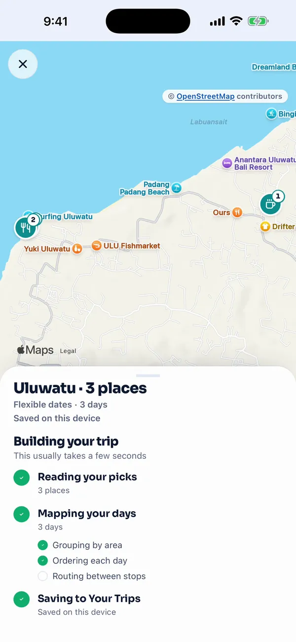 The Building your trip checklist for Uluwatu: Reading your picks, Mapping your days with Grouping by area and Ordering each day ticked, and Saving to Your Trips.