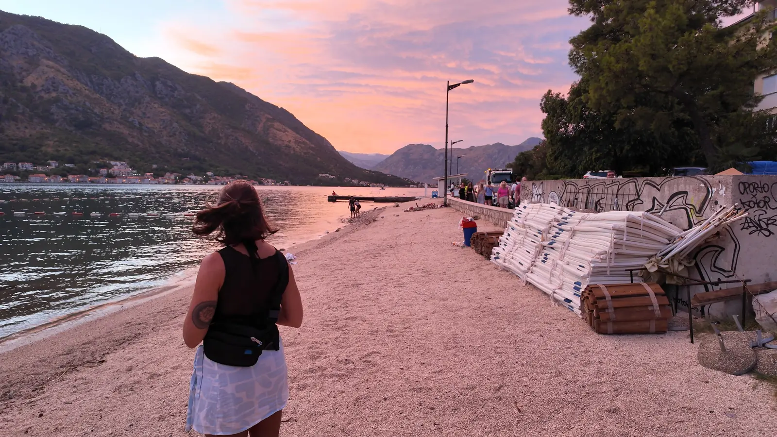 Abbey walking the shore of the bay at sunrise under a pink sky