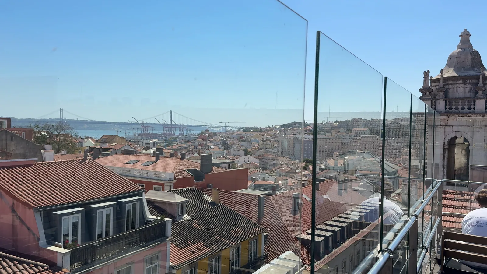The view from the Park rooftop in Bairro Alto over Lisbon rooftops to the river and the bridge